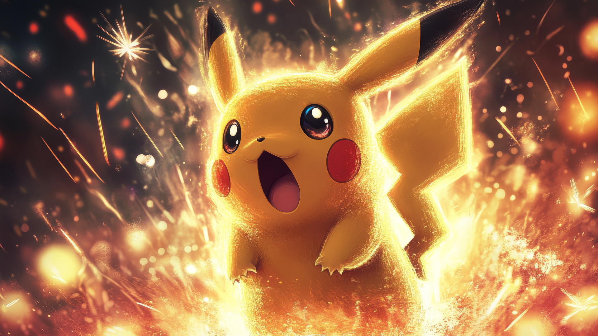 Surprised Pikachu with wide eyes and mouth agape, surrounded by fireworks.