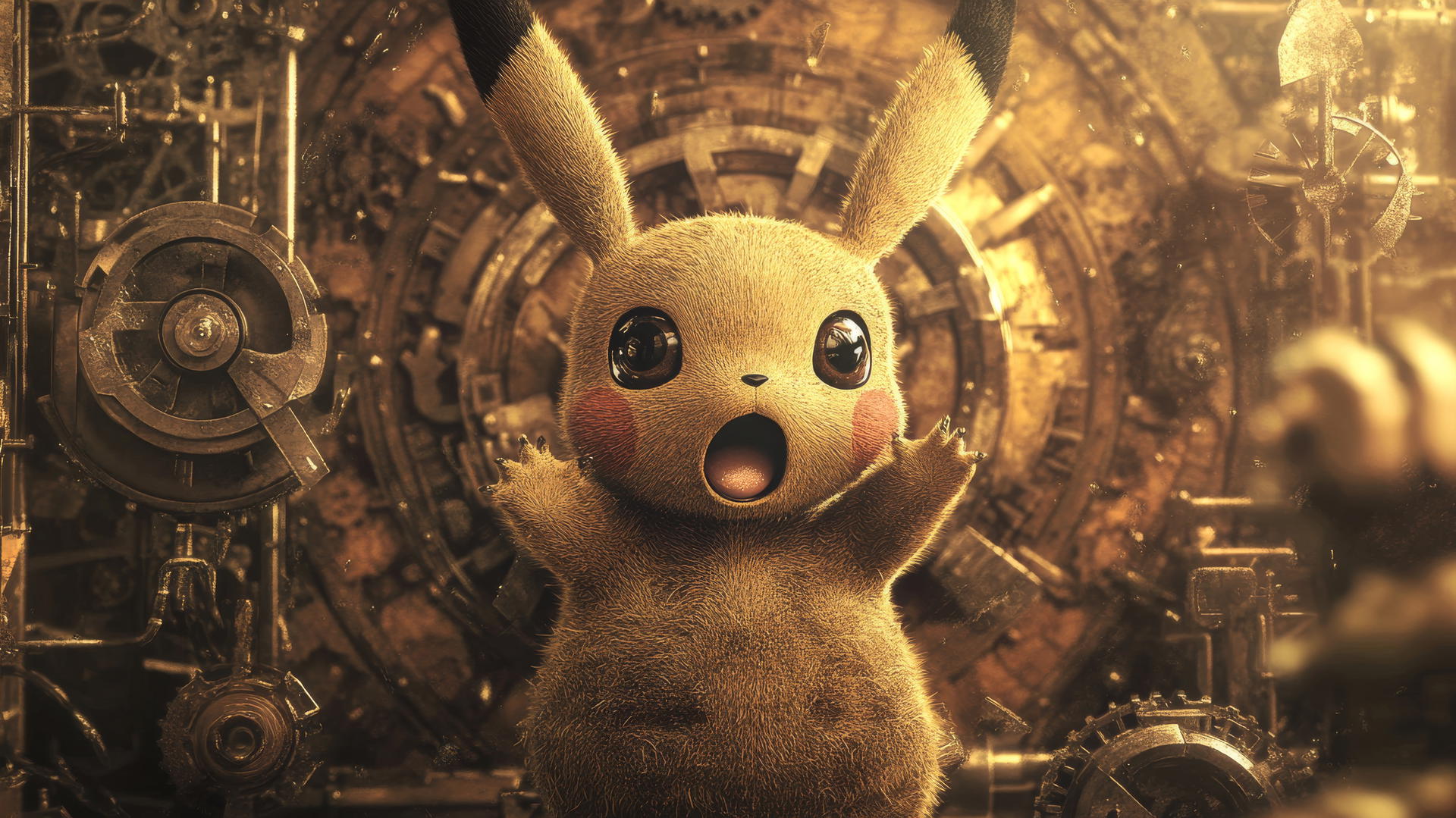 Surprised Pikachu in a steampunk world with gears and gadgets.