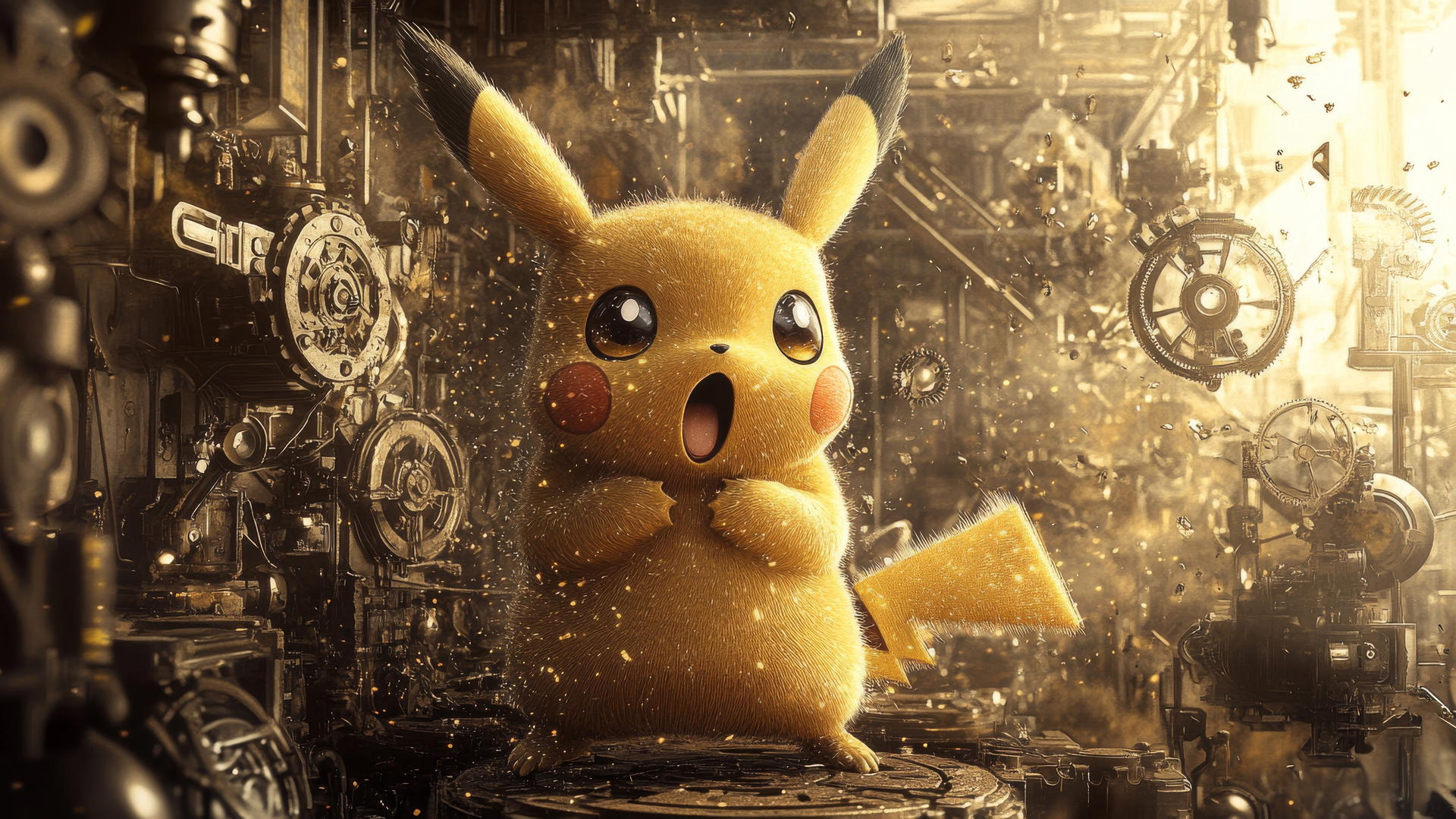 Surprised Pikachu in a steampunk world with mechanical gears and gadgets.