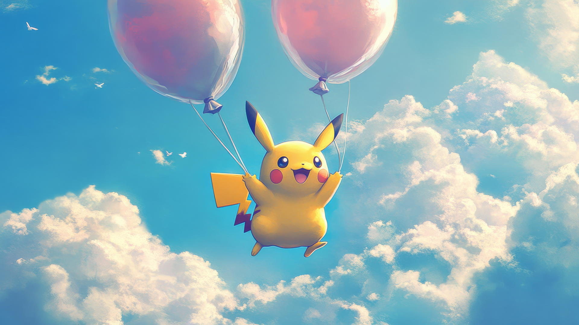 Pikachu flying with balloon wings in pastel sky