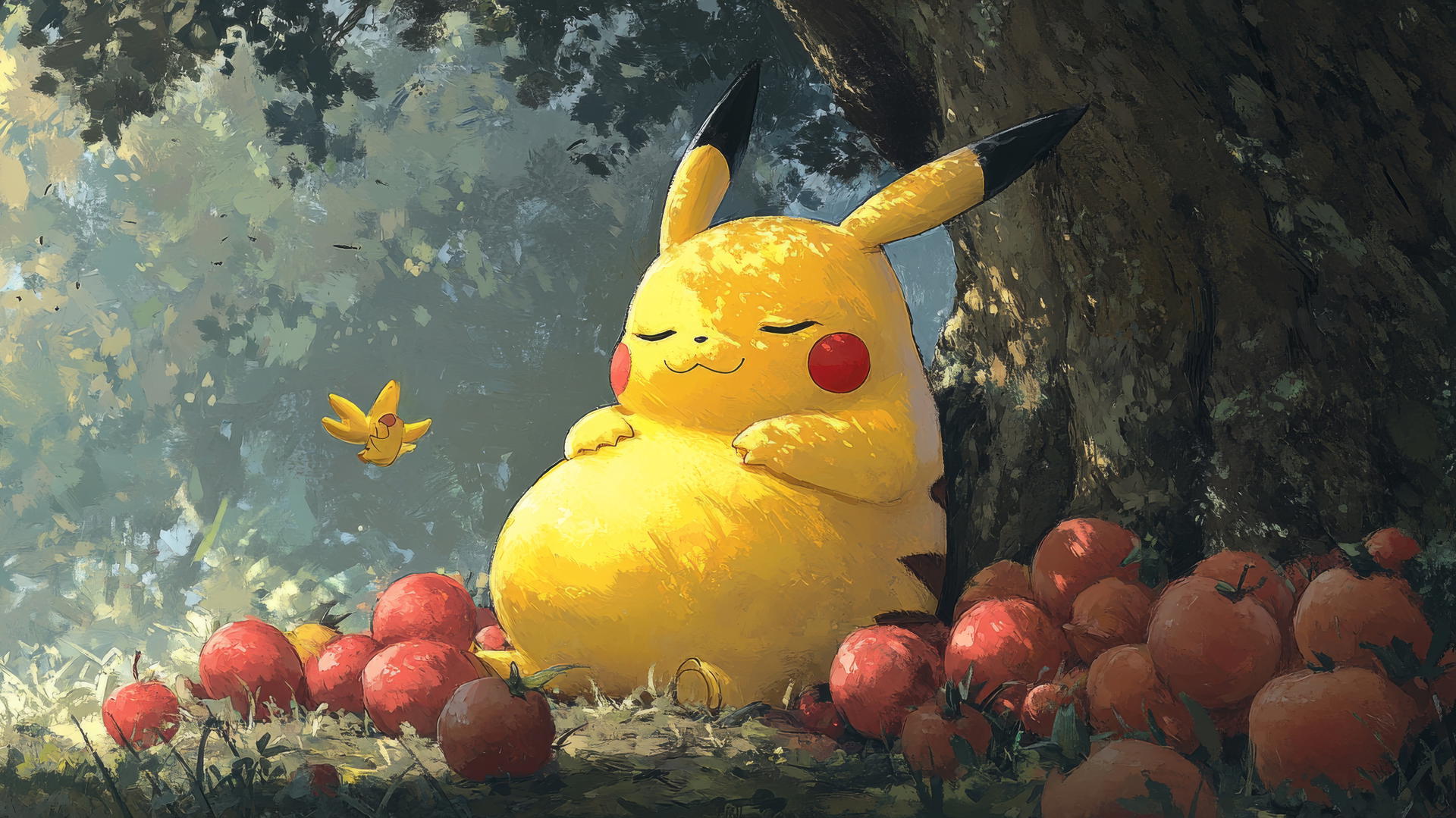 Fat Pikachu sitting under a tree with fruit piles