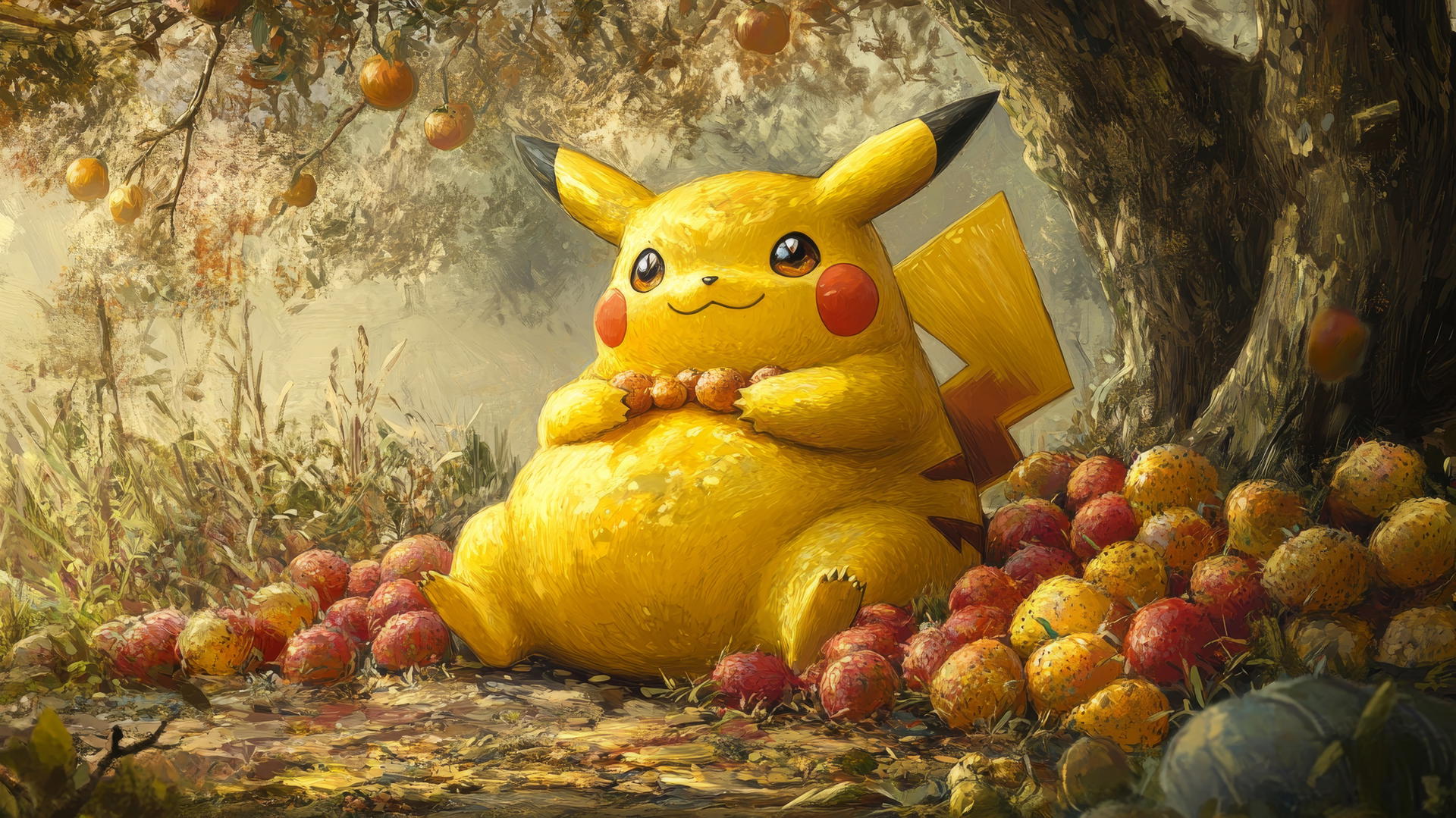 Fat Pikachu sitting under a tree with piles of fruit, calm and peaceful