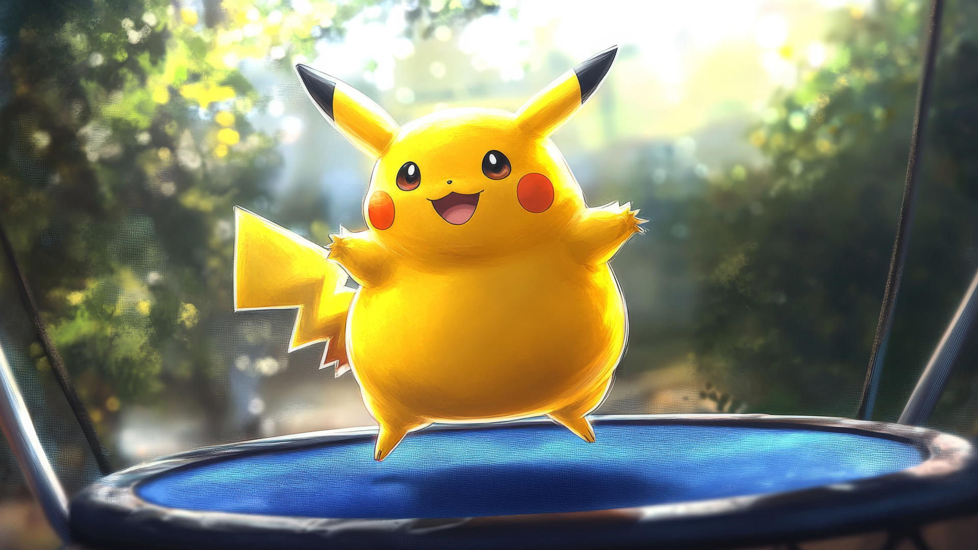 Fat Pikachu bouncing on a trampoline with dynamic motion and bright, fun colors