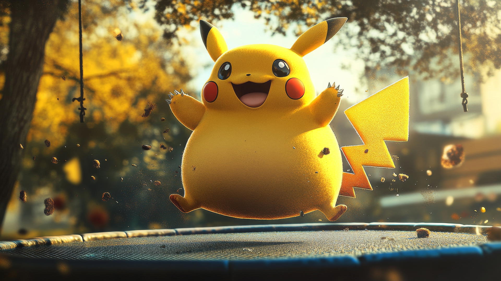 Fat Pikachu bouncing on a trampoline with a huge belly, dynamic motion, bright colors