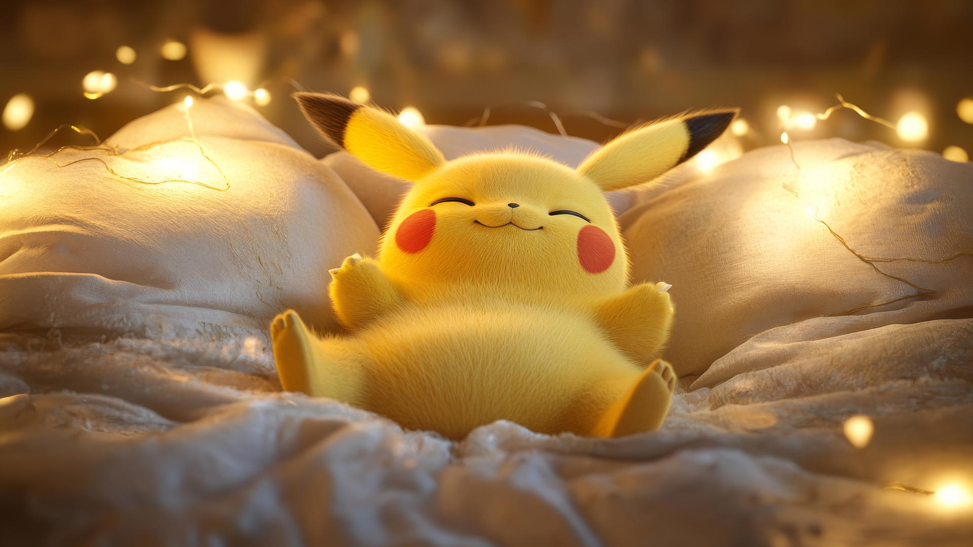 Fat Pikachu surrounded by a mountain of pillows