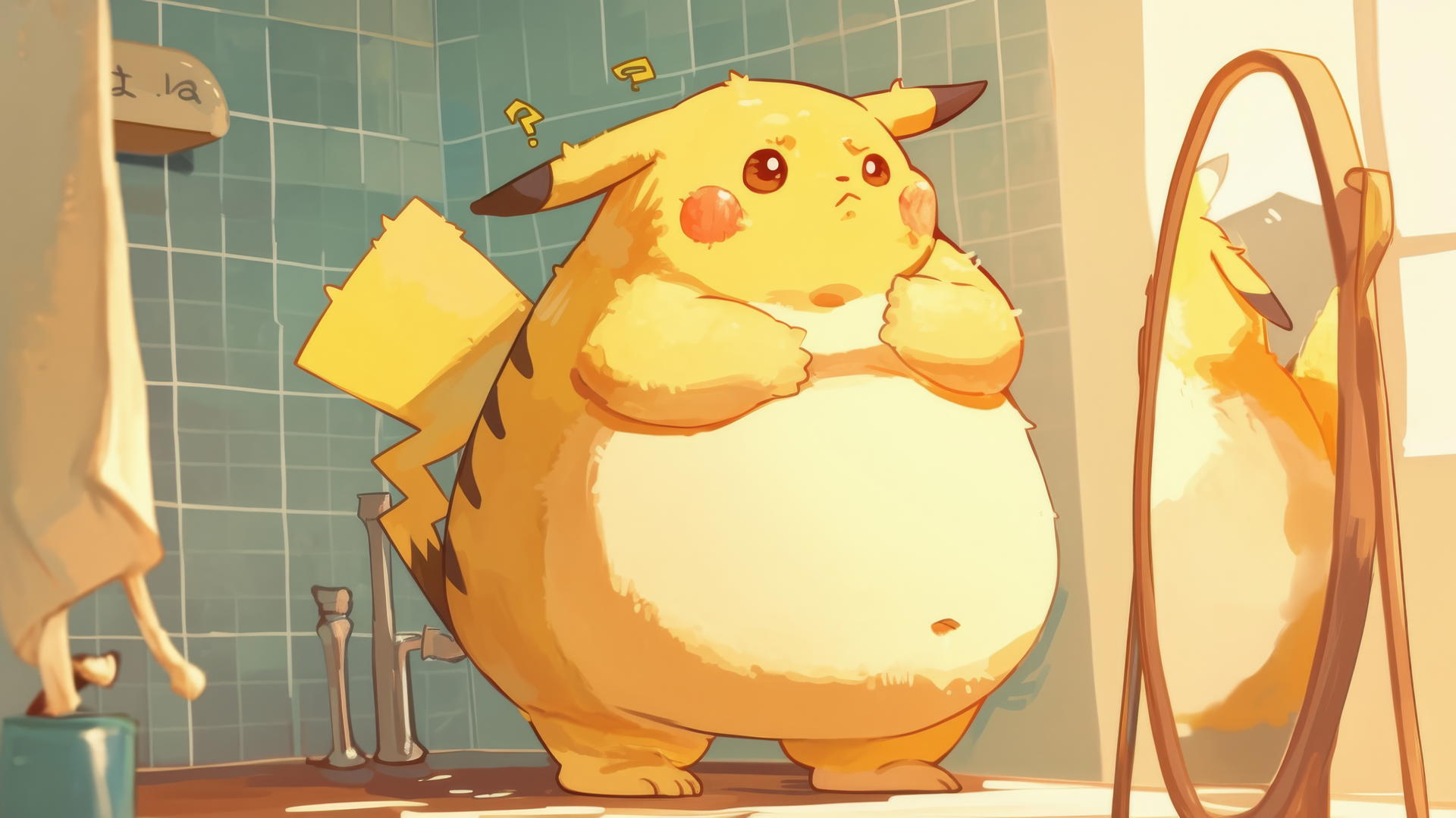 Fat Pikachu looking surprised at his own reflection