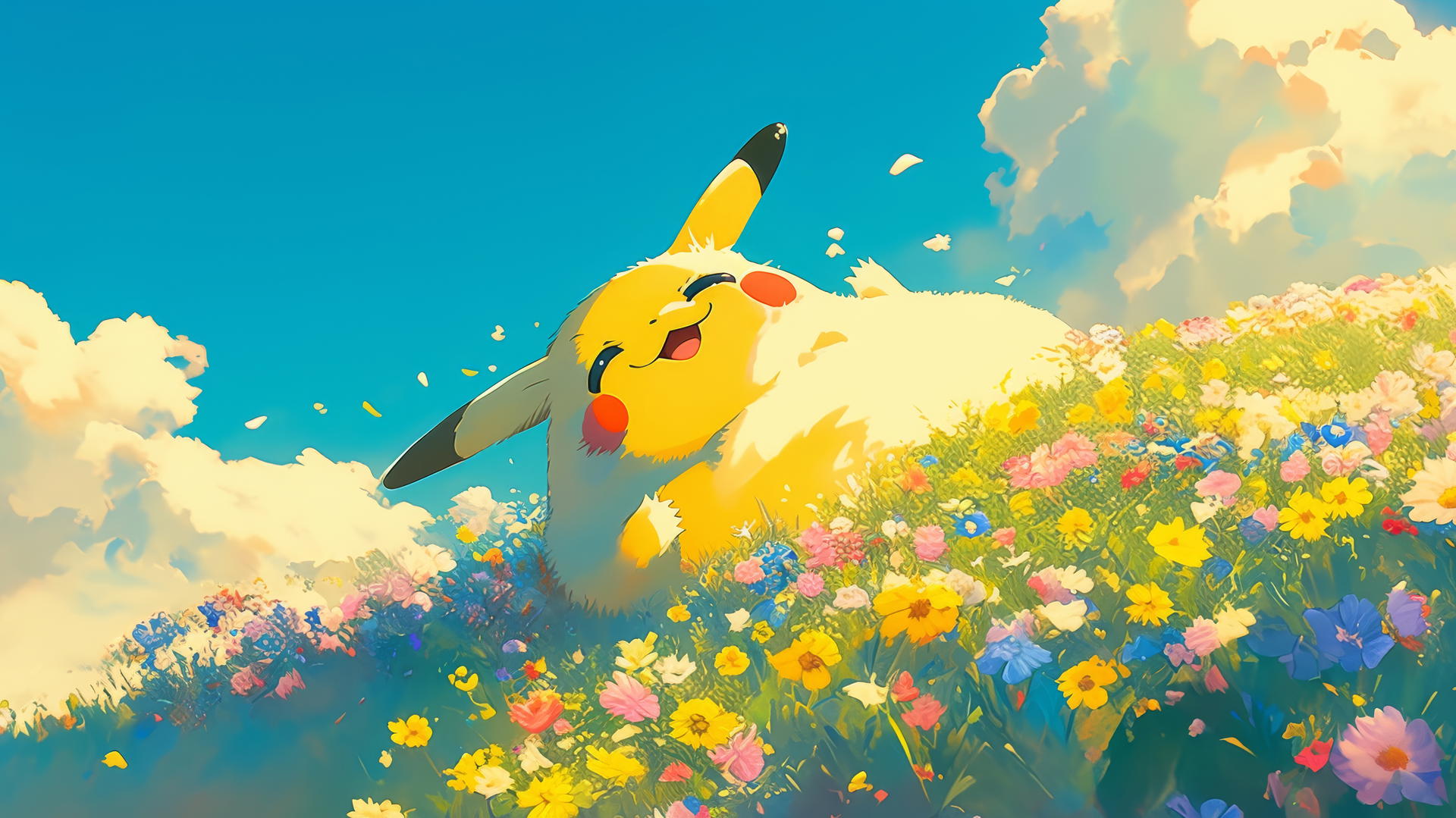 Fat Pikachu rolling down a flower-covered hill playfully