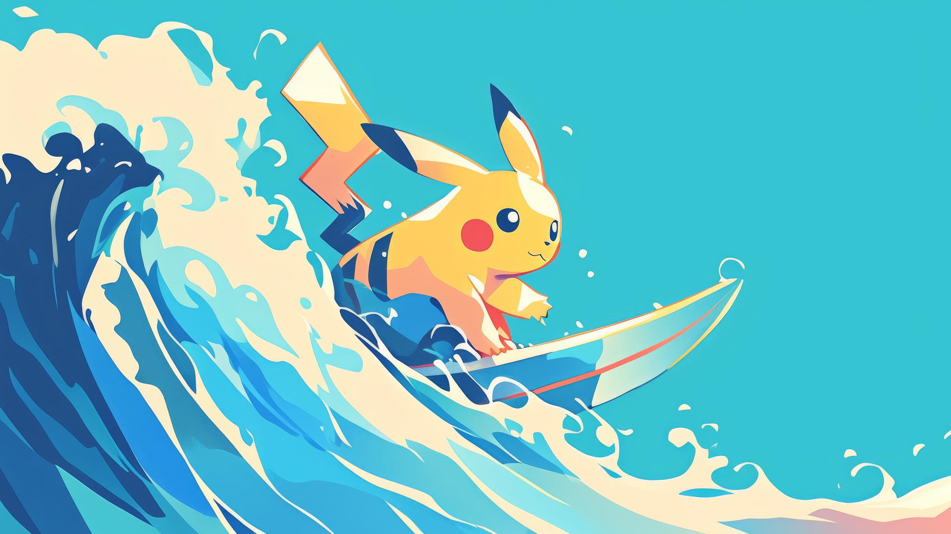 Pikachu surfing a wave in minimalist art style