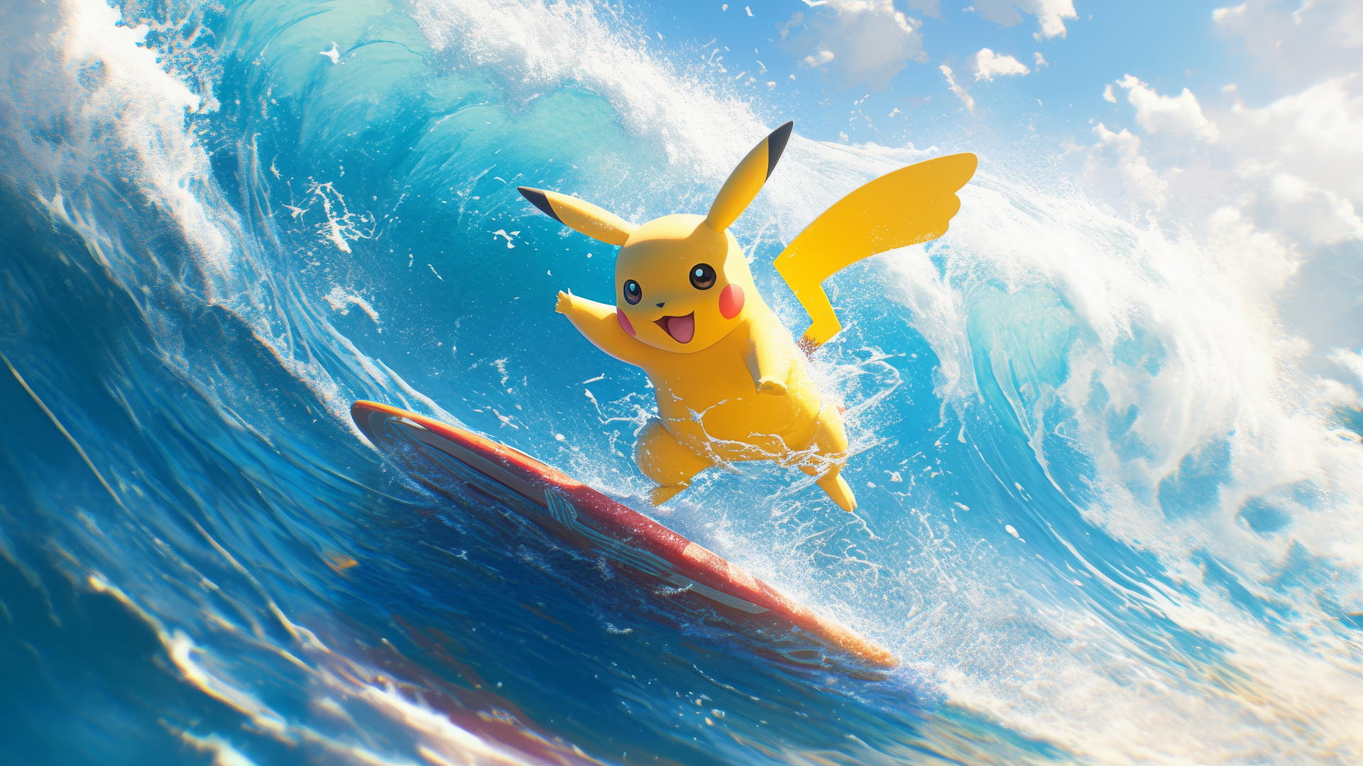 Surfing Pikachu performing an aerial trick above a crashing wave