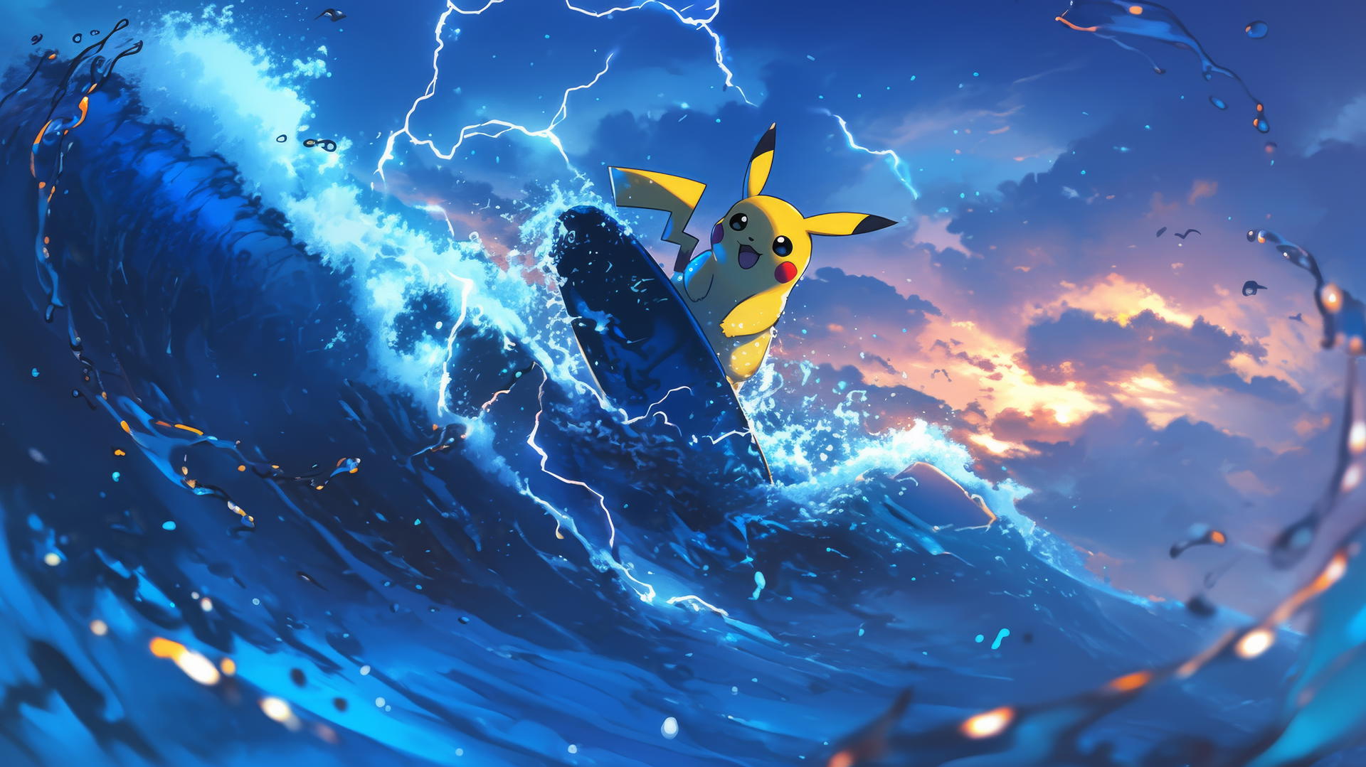 Surfing Pikachu riding lightning wave in stormy sky