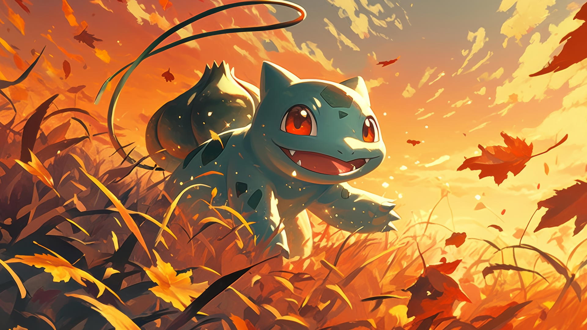 Pokemon Bulbasaur standing in tall grass with swirling autumn leaves