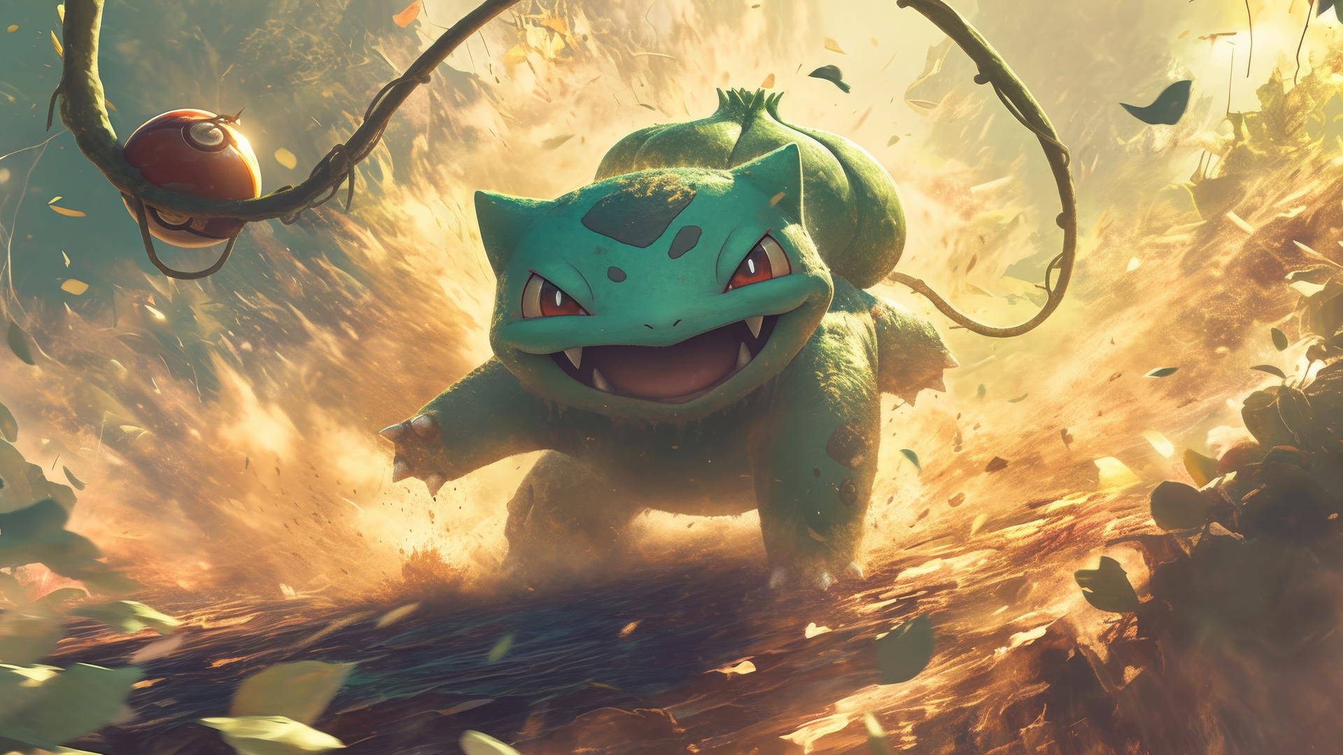 Pokemon Bulbasaur using vine whip surrounded by leaves and dust