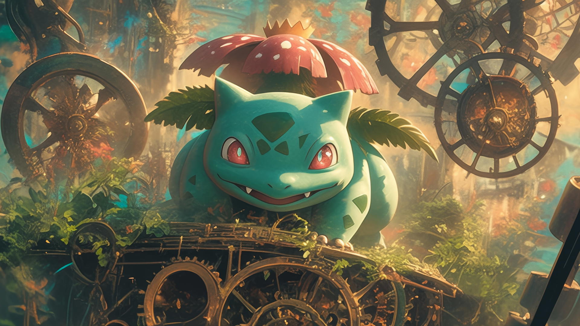 pokemon bulbasaur in a steampunk world with bronze gears and mechanical flowers