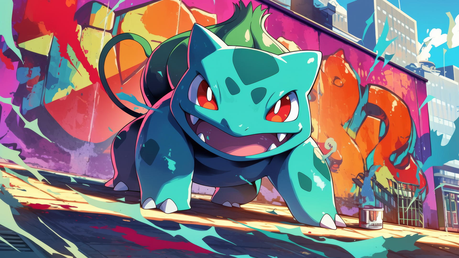 Pokemon Bulbasaur standing in front of a colorful urban mural in graffiti style