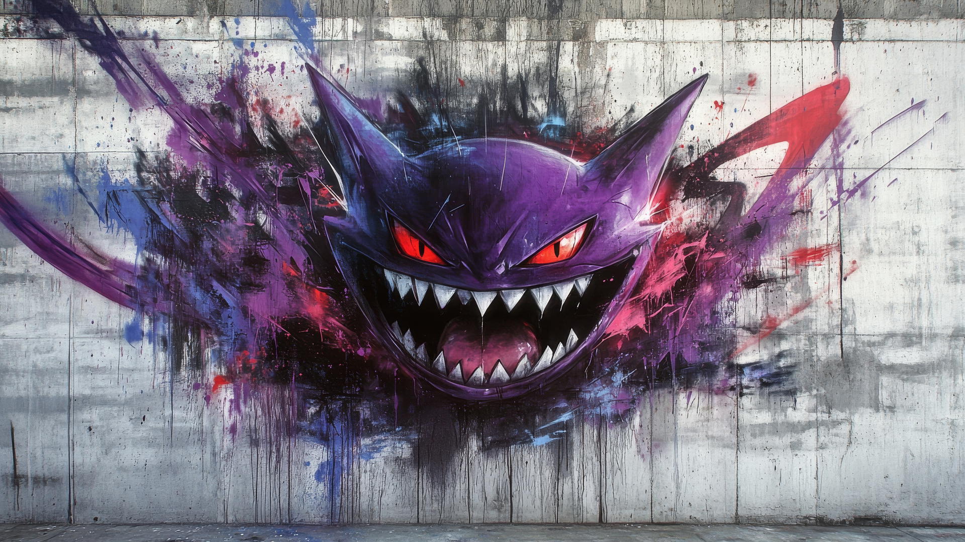 Gengar Pokemon as graffiti art on a concrete wall, spray paint style