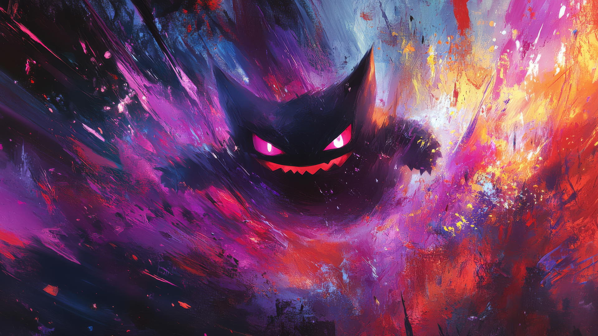 Gengar Pokemon surrounded by colorful paint splashes in abstract art style