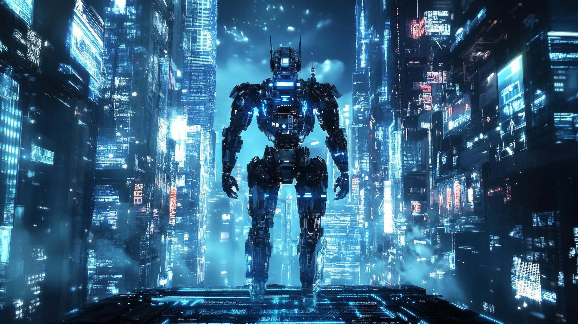 A futuristic robot in a high-tech city glowing with LED lights and digital screens, cool wallpapers for boys