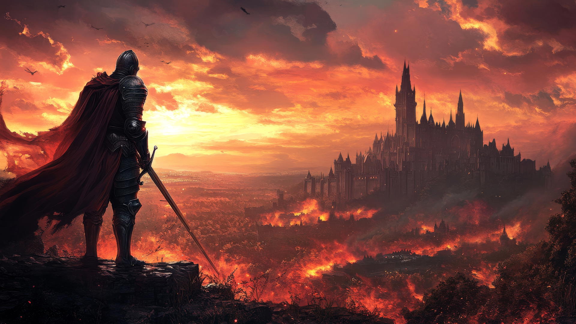 A heroic knight in shining armor on a battlefield with a fiery sunset and castles backdrop, cool wallpapers for boys