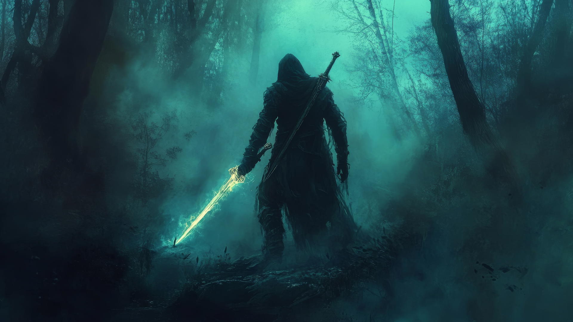 cool wallpapers for boys featuring a mysterious warrior in a dark, misty forest with a glowing sword