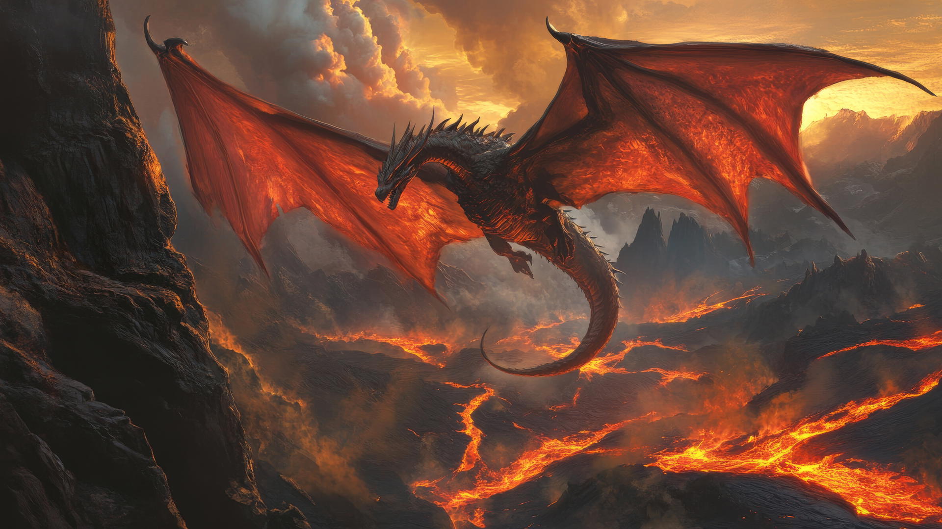cool wallpapers for boys featuring a dragon soaring above a volcanic landscape