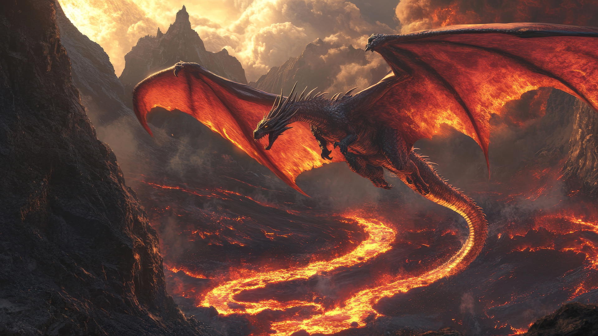 cool wallpapers for boys featuring a powerful dragon above volcanic landscape with lava rivers