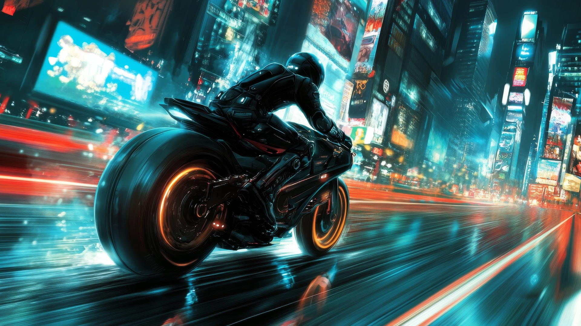 A futuristic motorcycle racing through a high-tech city with holographic billboards and glowing streetlights; cool wallpapers for boys