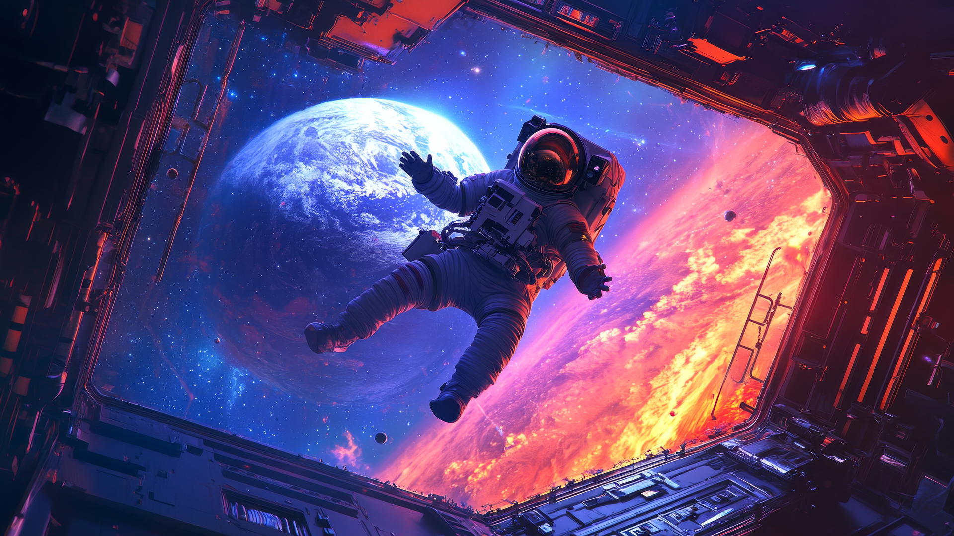 cool wallpapers for boys featuring a young astronaut floating in zero gravity with a giant planet and galaxies