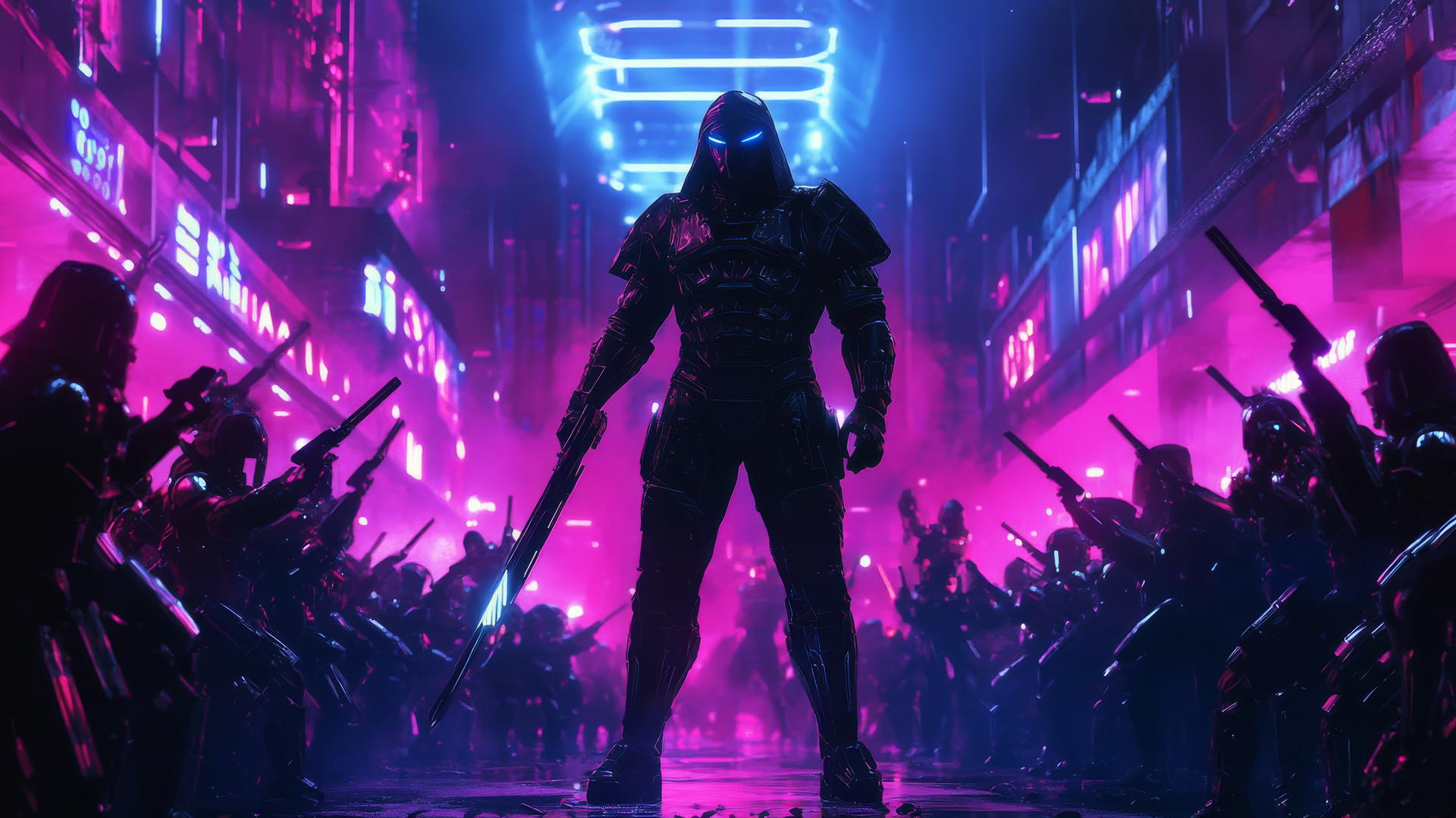 Futuristic gladiator with glowing weapons in arena with robotic spectators under neon lights
