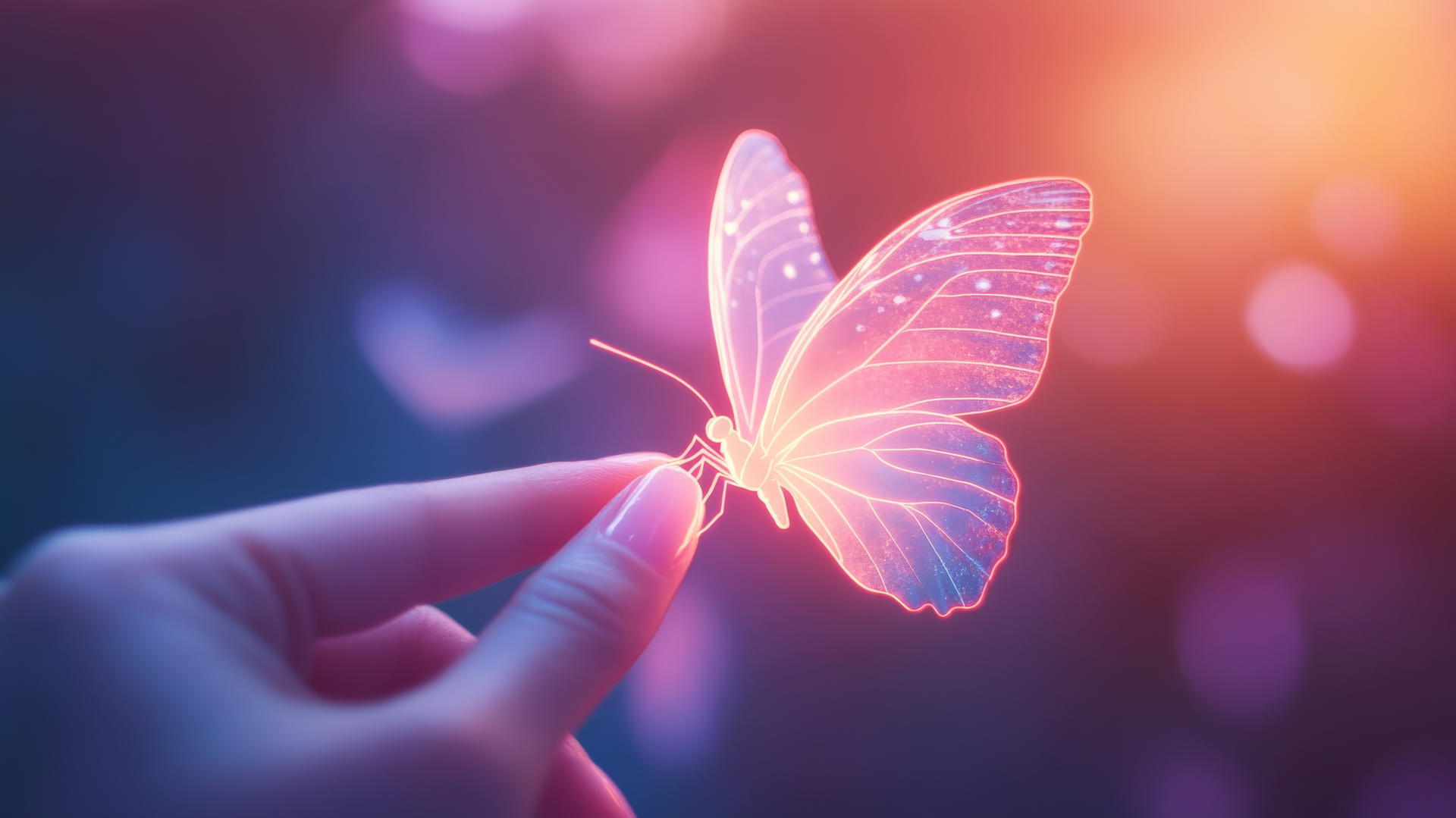 glowing butterfly outline on girl's finger with pastel gradient