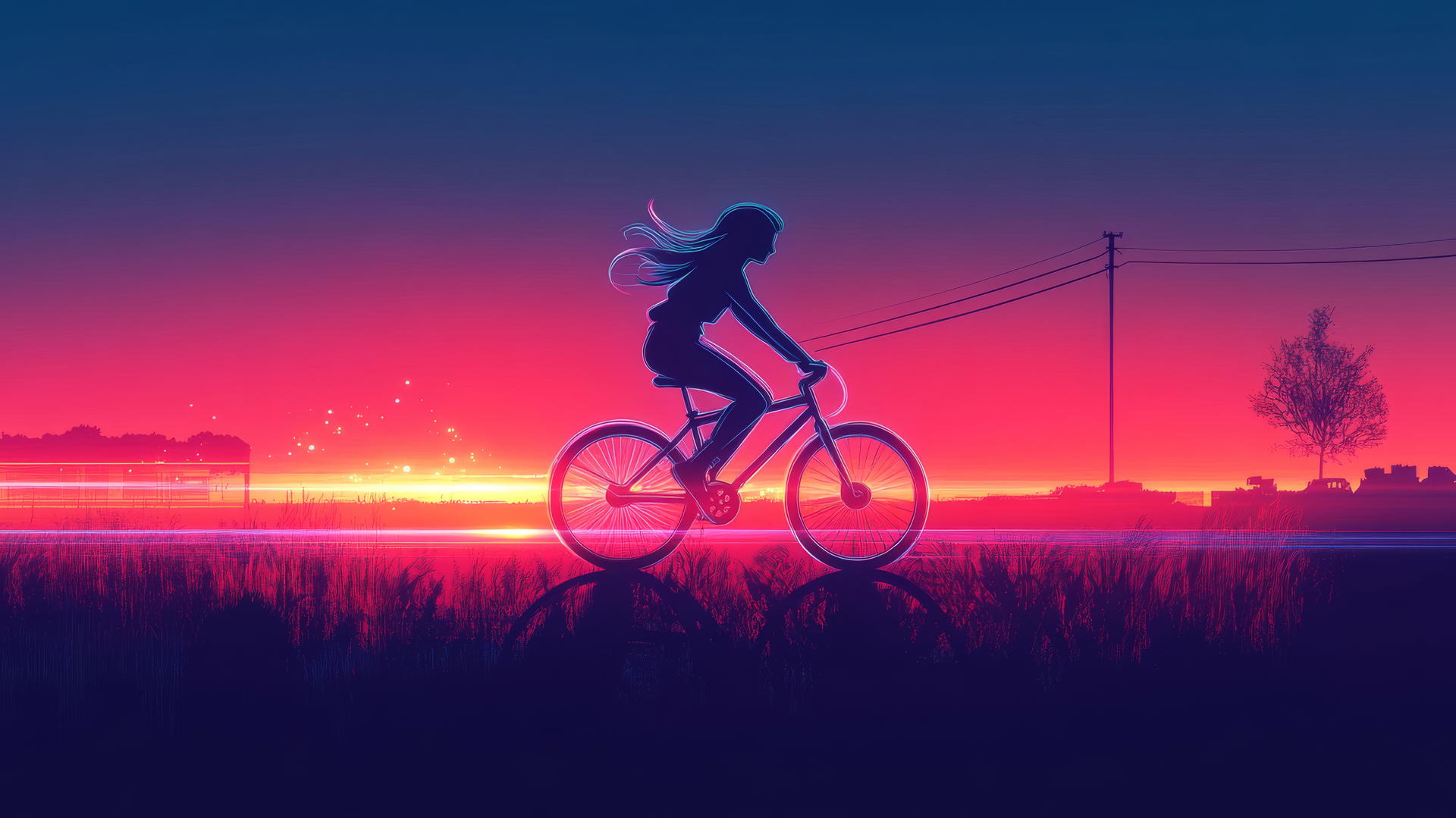 Girl riding bicycle along a glowing path with motion lines, soft sunset gradient.