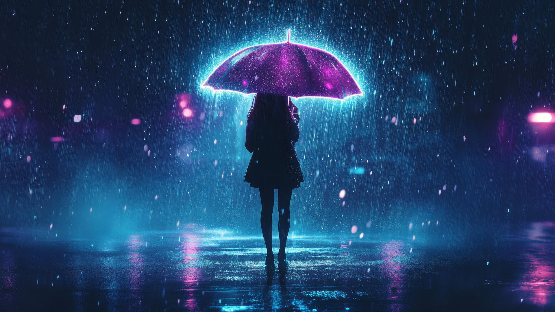 Girl with glowing umbrella in neon rain on dark background