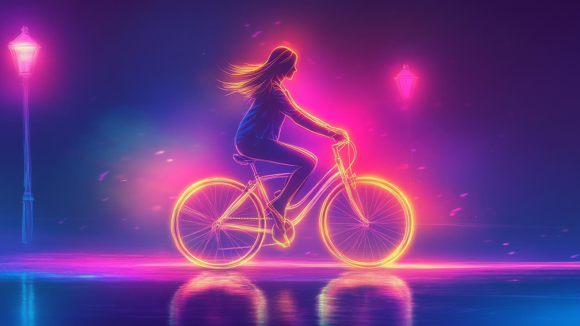 Neon outline of a girl riding a bicycle in a park with gradient background