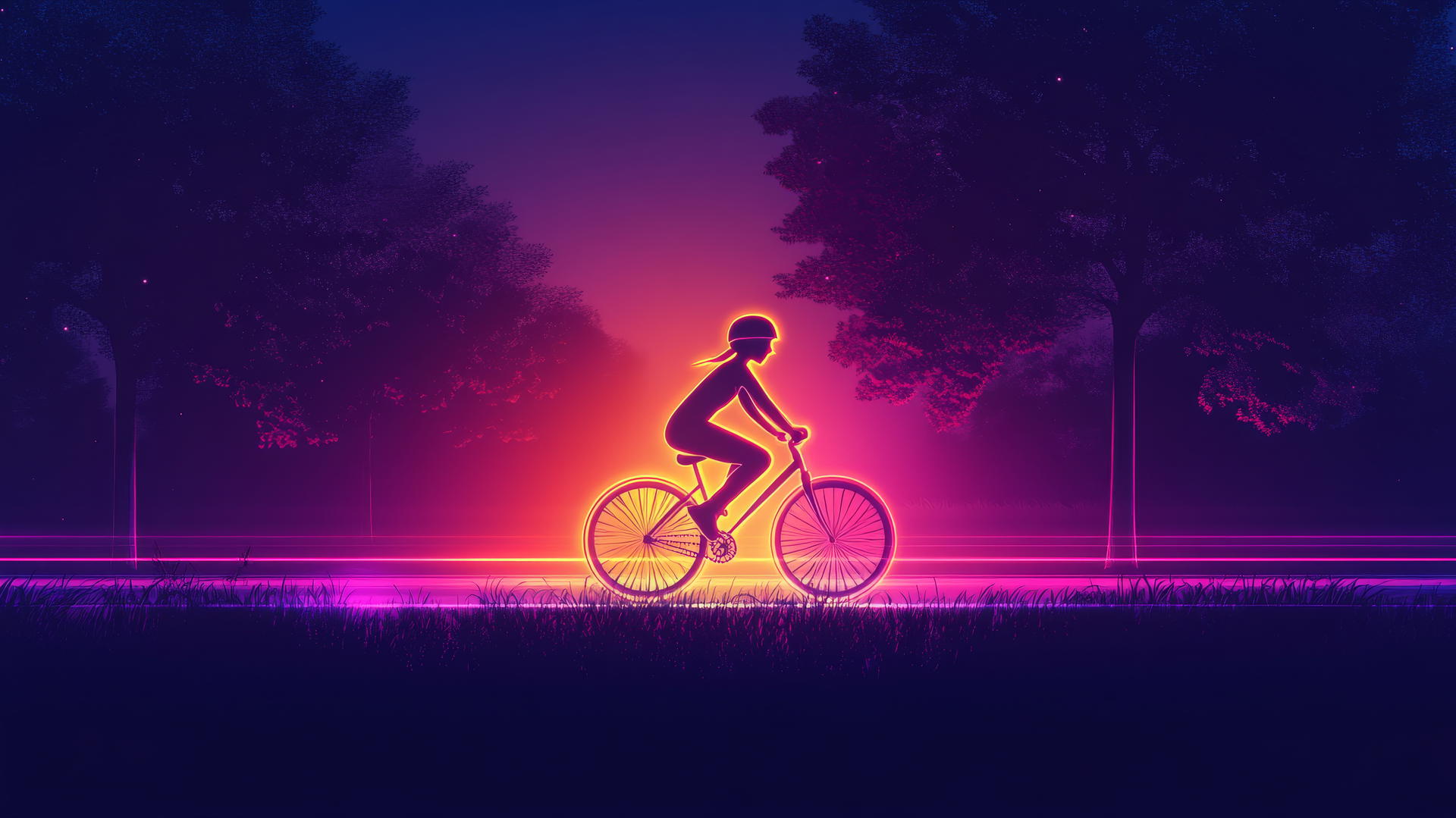 Neon outline of girl biking in park with gradient background