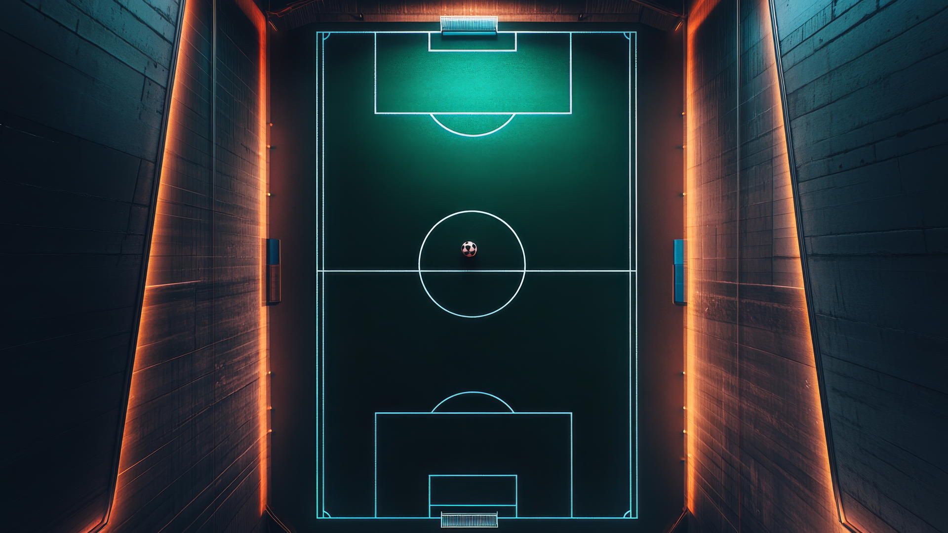 Geometric football field with glowing lines and lone football on dark background