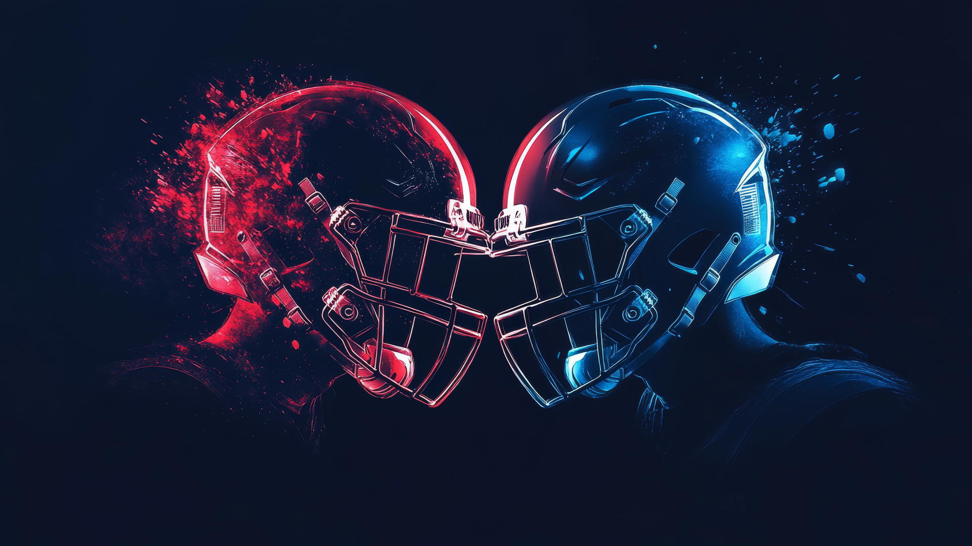 Two NFL helmets collide with neon light bursts on black backdrop