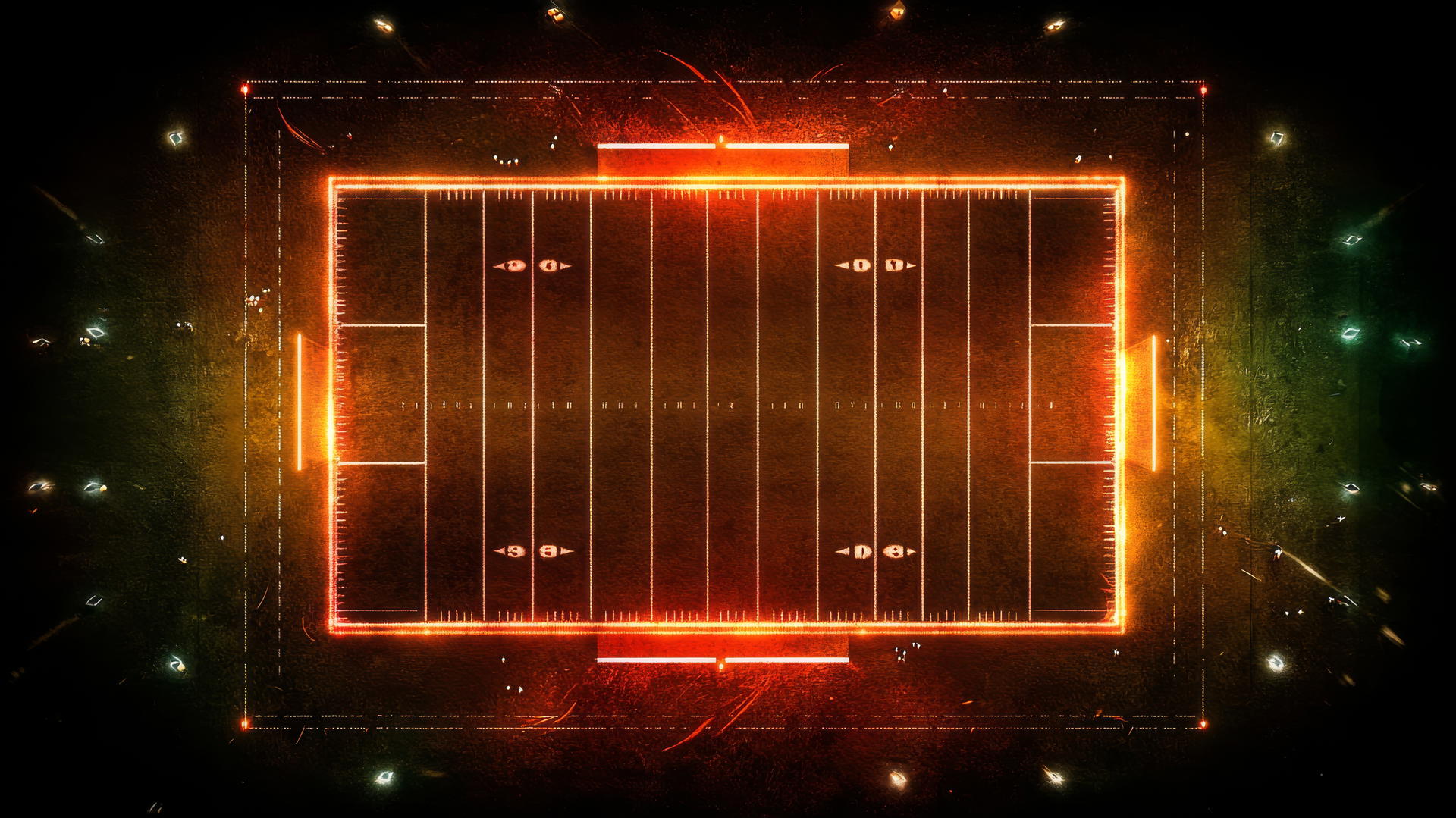 Glowing neon football field with yard lines and goalposts against black background