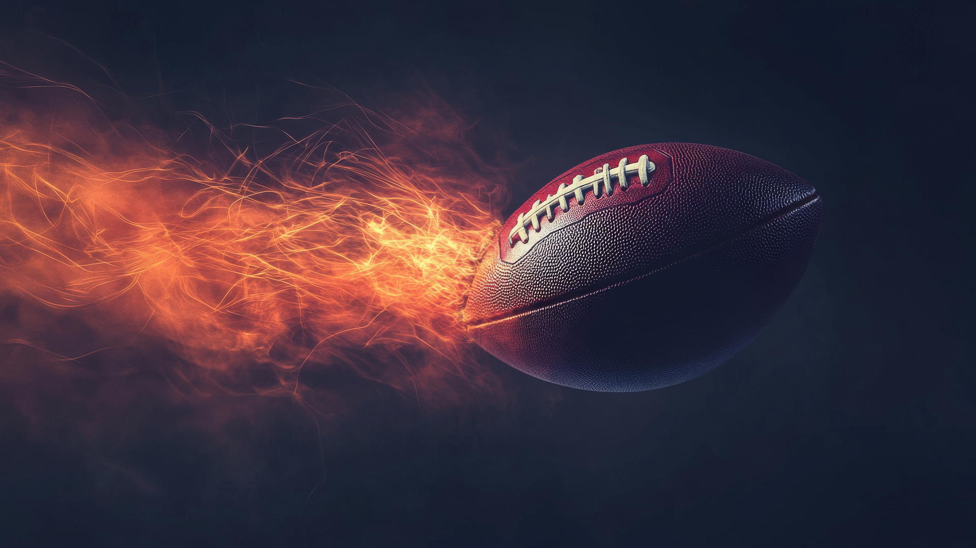 Glowing NFL football mid-spin with light trails on dark background
