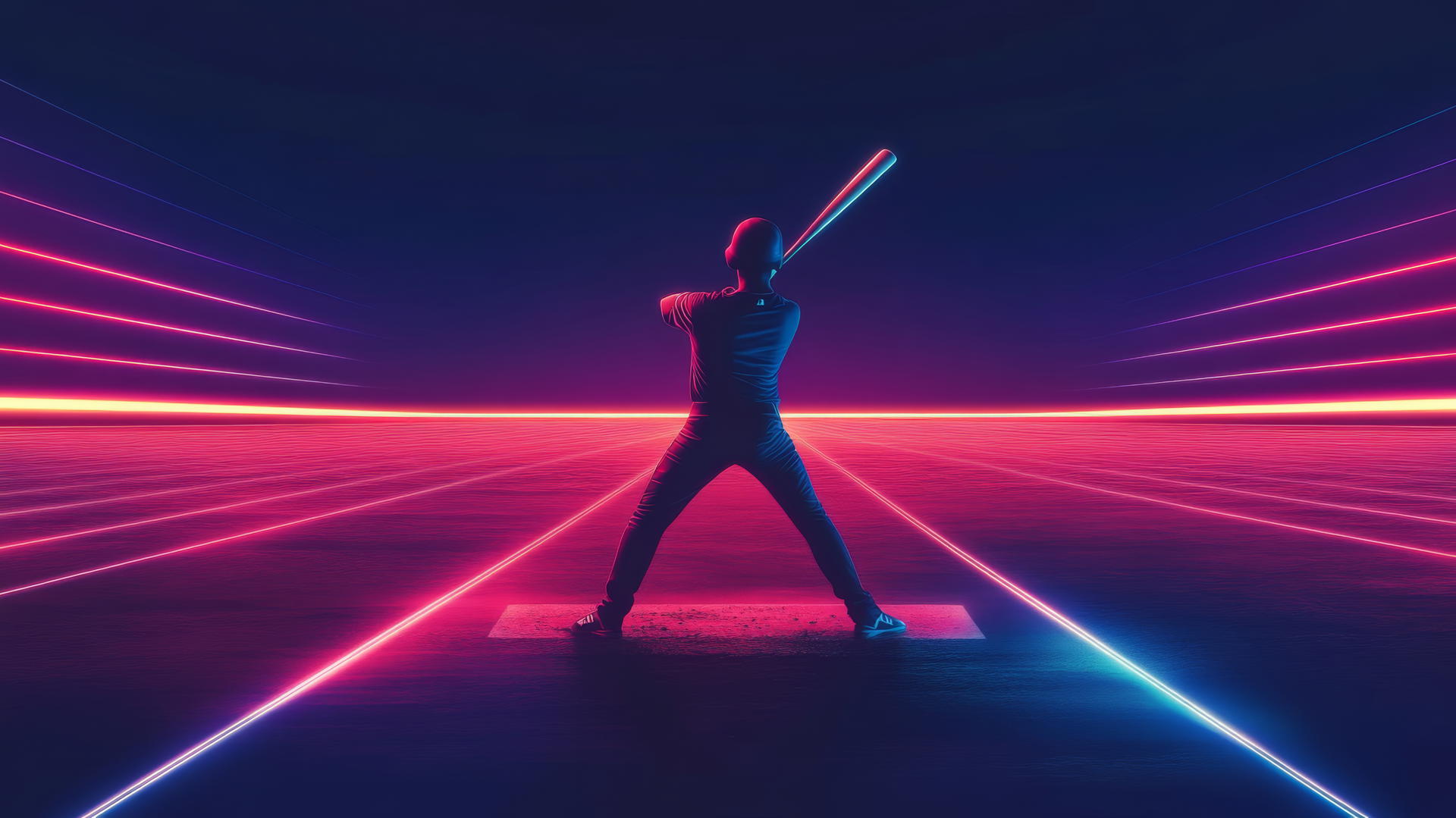 Minimalist vector of batter with glowing baseball and neon lines on field