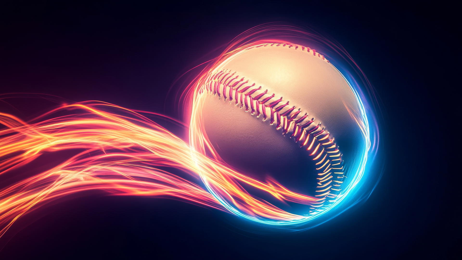 Glowing baseball mid-spin with neon trails on a black background.