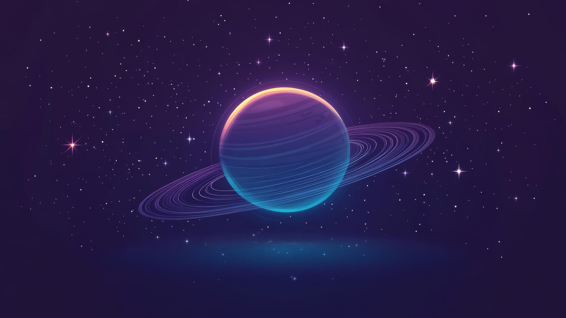 Minimalist glowing planet with rings and stars