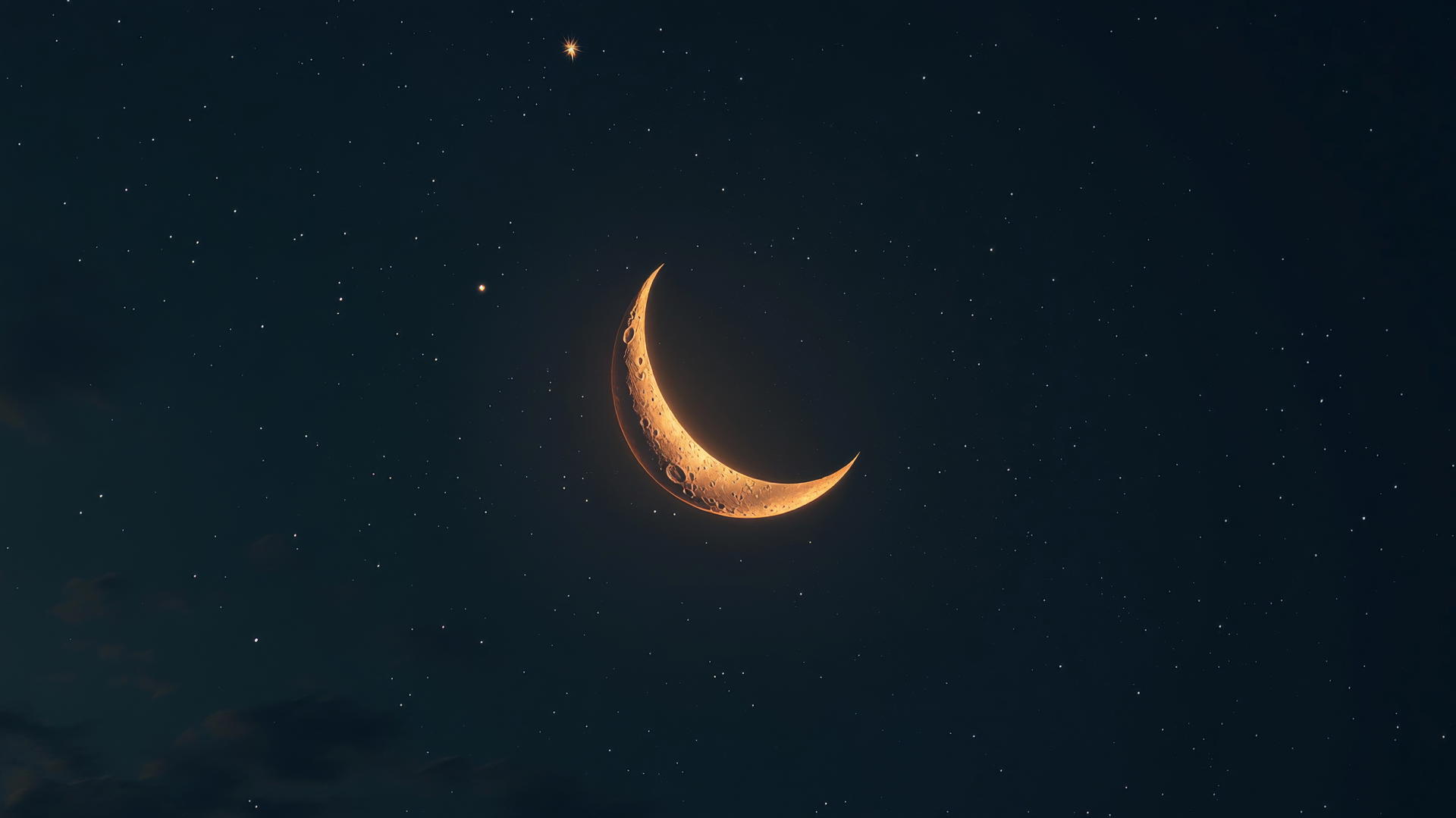 minimalist glowing crescent moon with distant stars in a dark sky
