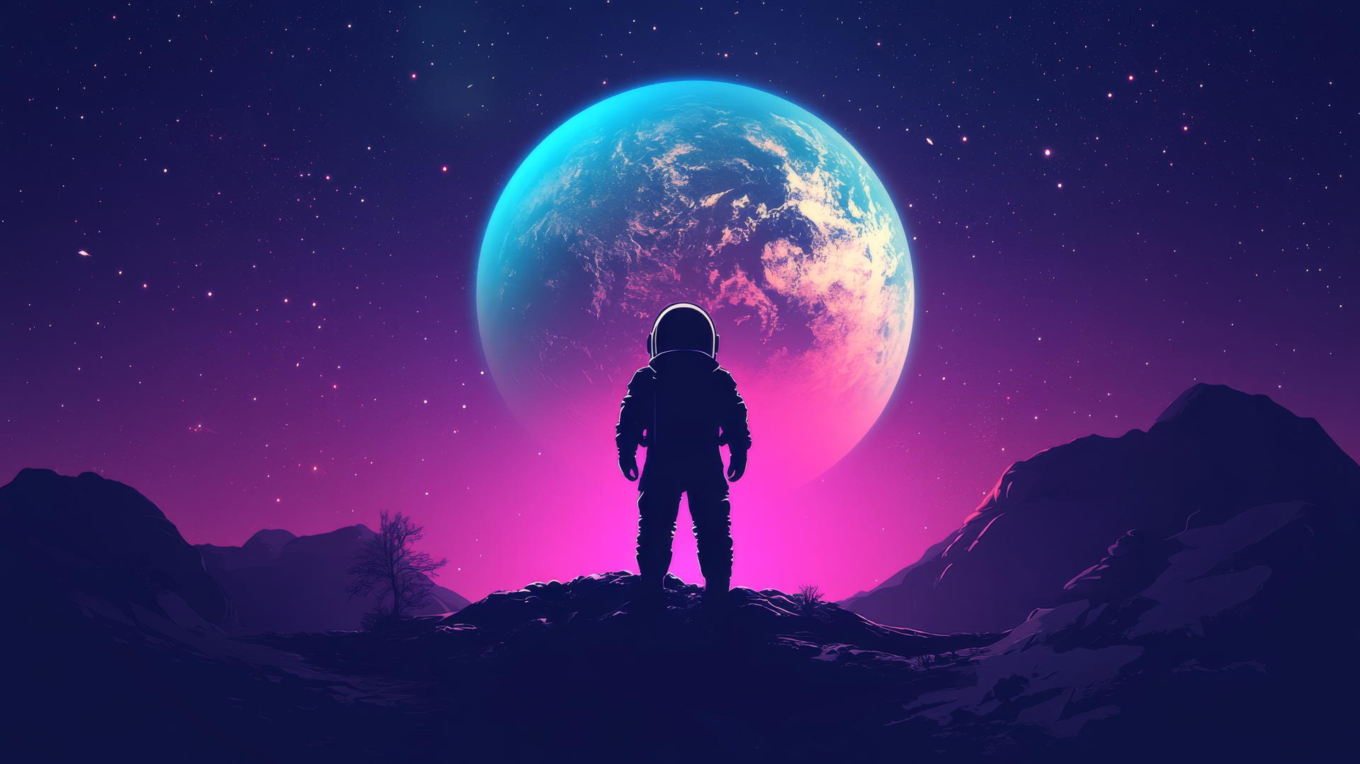 Astronaut on moon looking at glowing Earth with starry gradient background