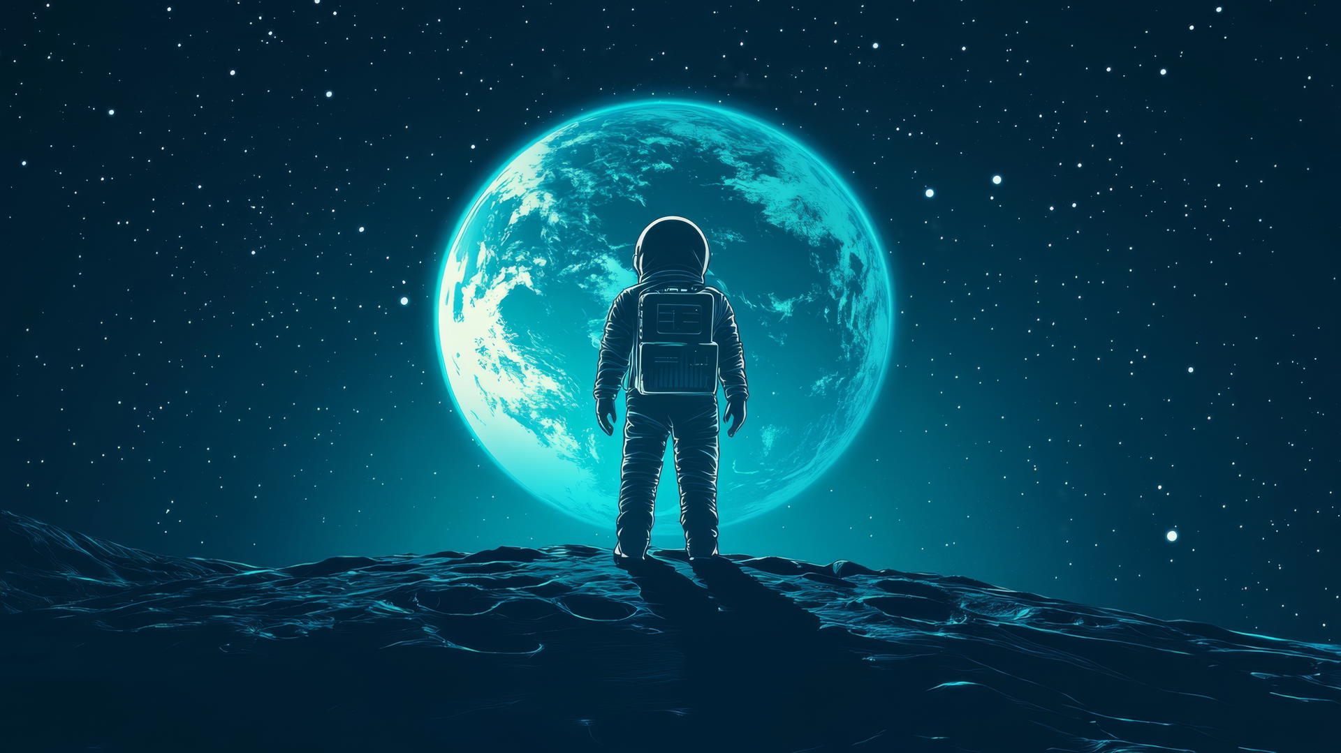 Astronaut on the moon gazing at glowing Earth with starry background