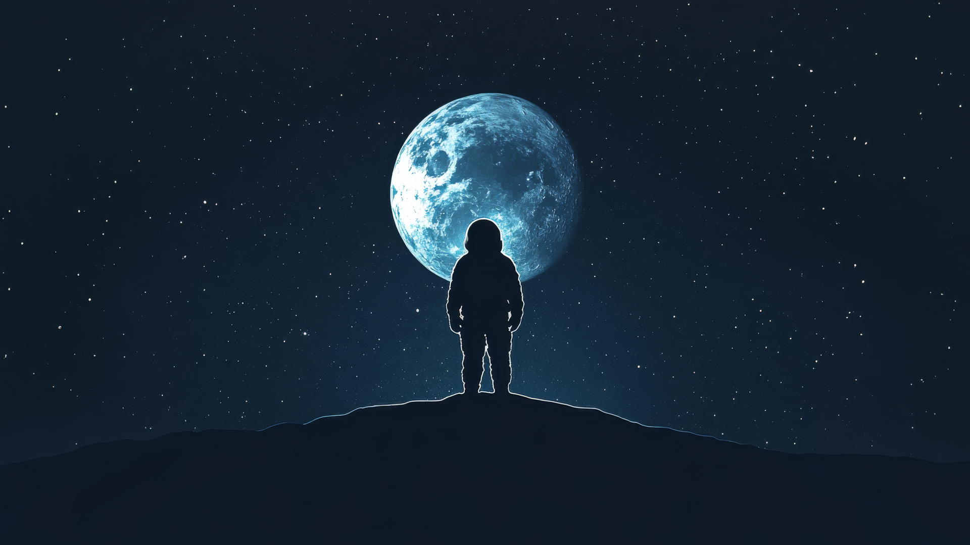 Astronaut on the moon gazing at a softly glowing Earth with a starry gradient background.