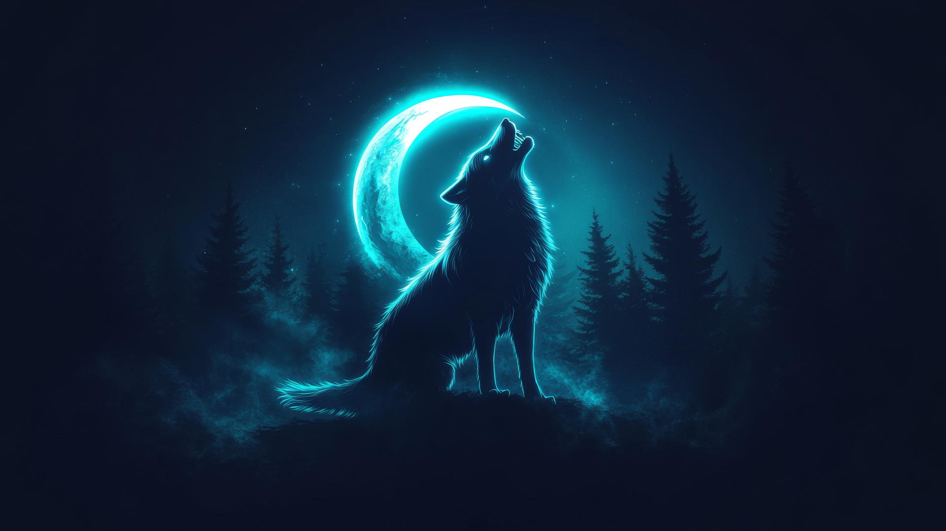 Wolf silhouette howling at a glowing crescent moon with neon light outline