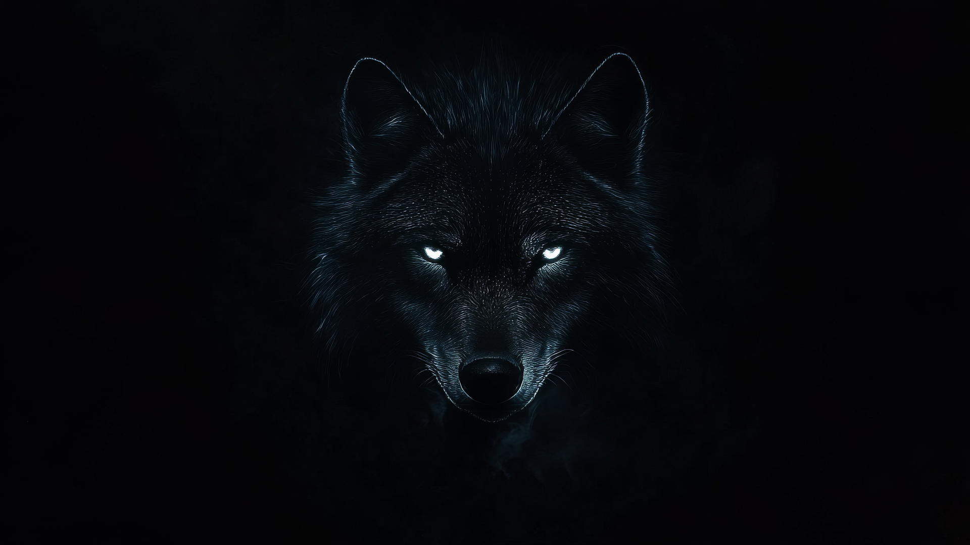 Minimalist wolf face with glowing eyes and sharp outlines in darkness