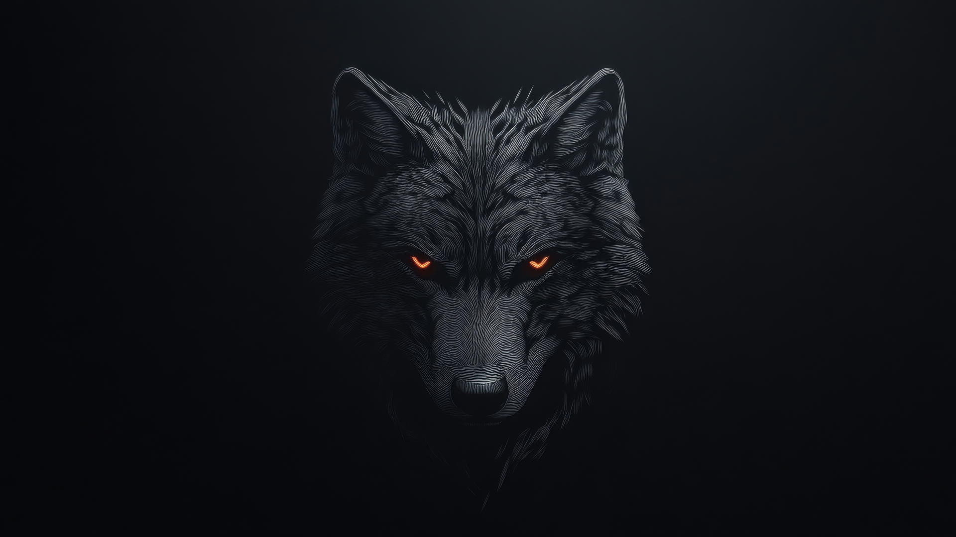 Minimalist wolf face with glowing eyes and sharp outlines in darkness