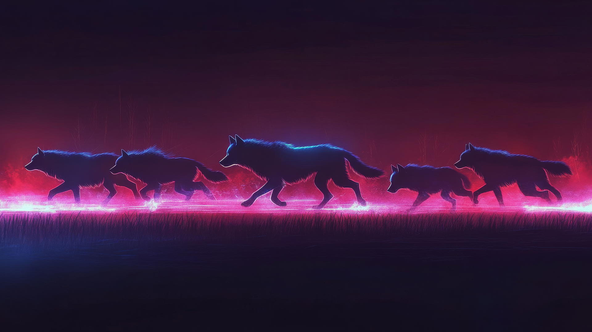 Silhouette of wolves running with neon light under night sky