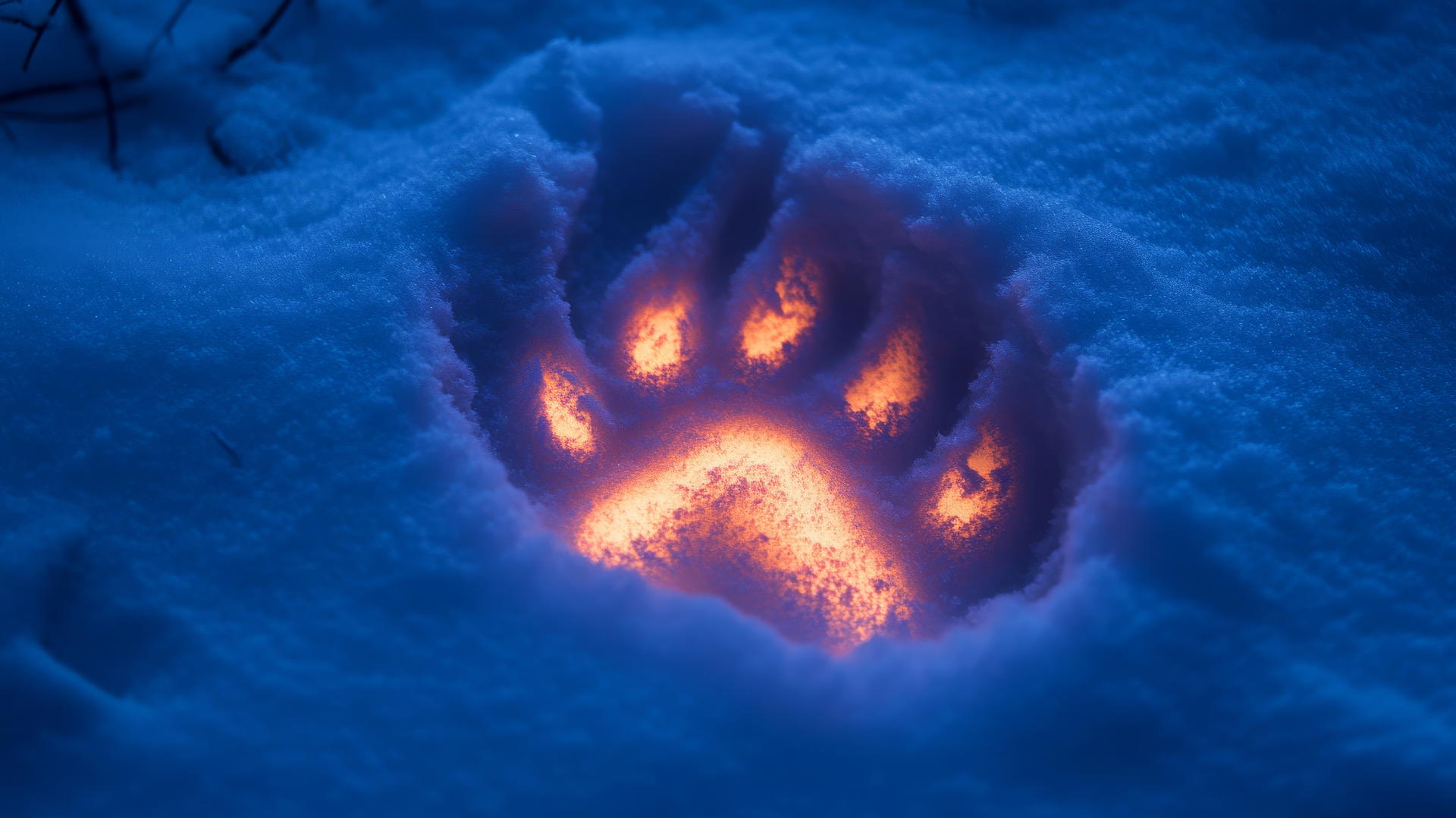 Glowing wolf paw print in the snow with neon light reflection