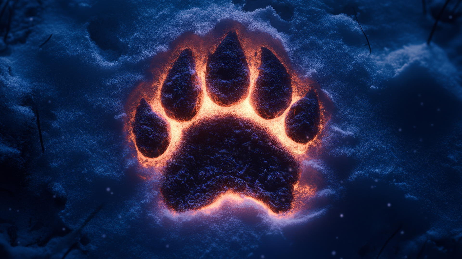 Glowing wolf paw print in snow with neon light and gradient background